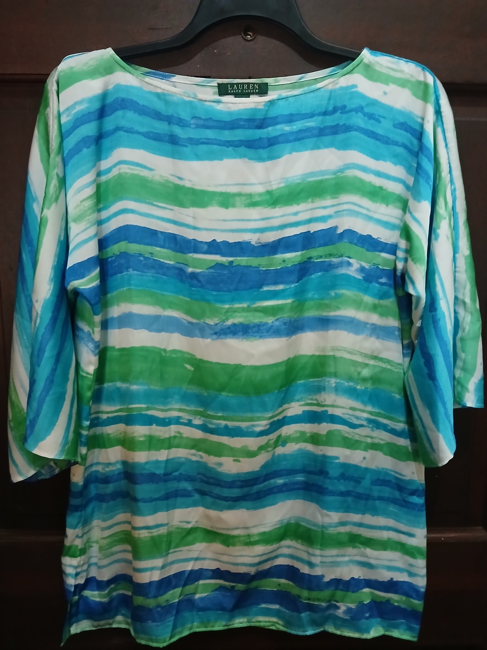 Lauren Ralph Lauren Blue & Green Striped Boatneck Women's Top Size L Resort Wear